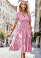 Jade - Vestido de rayas con mangas abullonadas