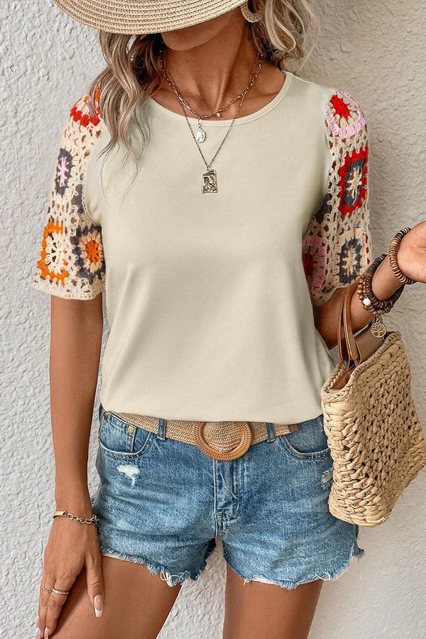 Hanna - Top de ganchillo con mangas cortas y estampado floral