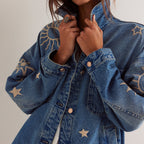 Chaqueta denim bordado celestial para mujer - Brunhilda
