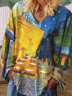 Camiseta con cuello en V y arte de Van Gogh - Corte holgado y diseño elegante