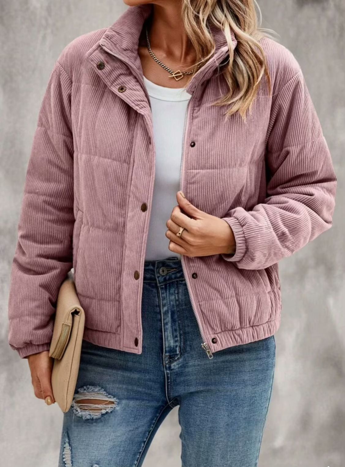 Chaqueta corta acolchada cuello alto para mujer textura acanalada - Svala