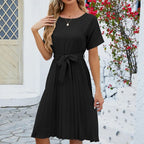 Isabella - Vestido midi plisado clásico con lazo en la cintura
