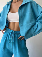 Vilma - Conjunto de dos piezas de camiseta con cuello y cremallera y pantalón con cordón de ajuste