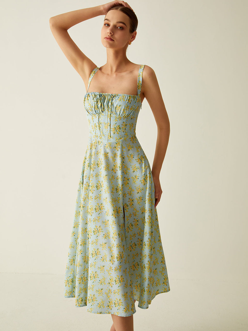 Gabrielle - Vestido midi con corbata, estampado floral y abertura