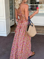 Emine - Boho Floral Halter Vestido Largo