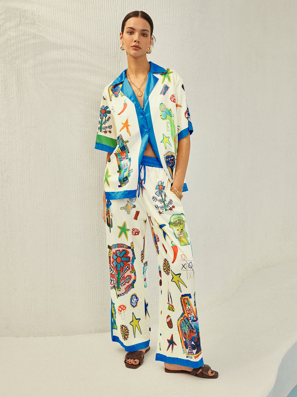 Selma - Conjunto de pantalón estampado con ribete de contraste