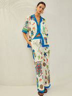 Selma - Conjunto de pantalón estampado con ribete de contraste