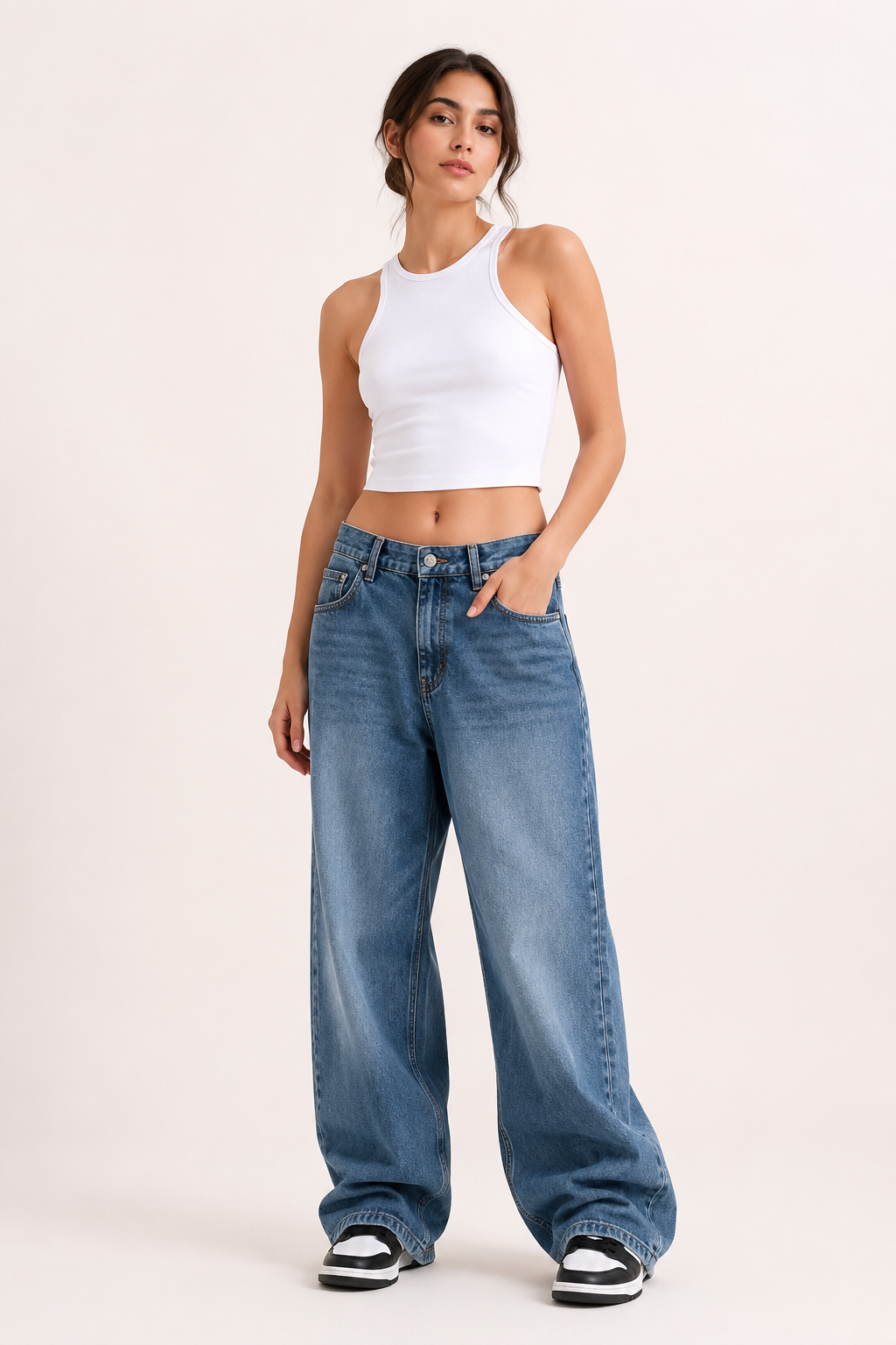 Baggy jeans mujer de pierna ancha con lavado claro y bajo largo - Helga