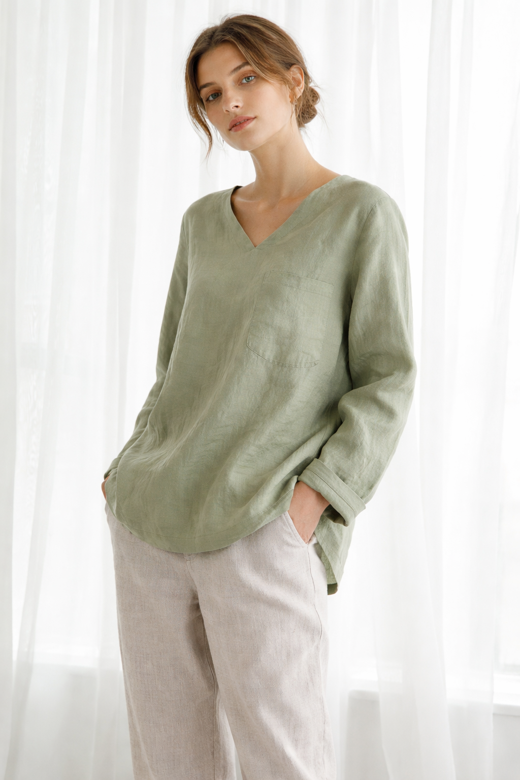 Concy - Blusa manga larga de lino