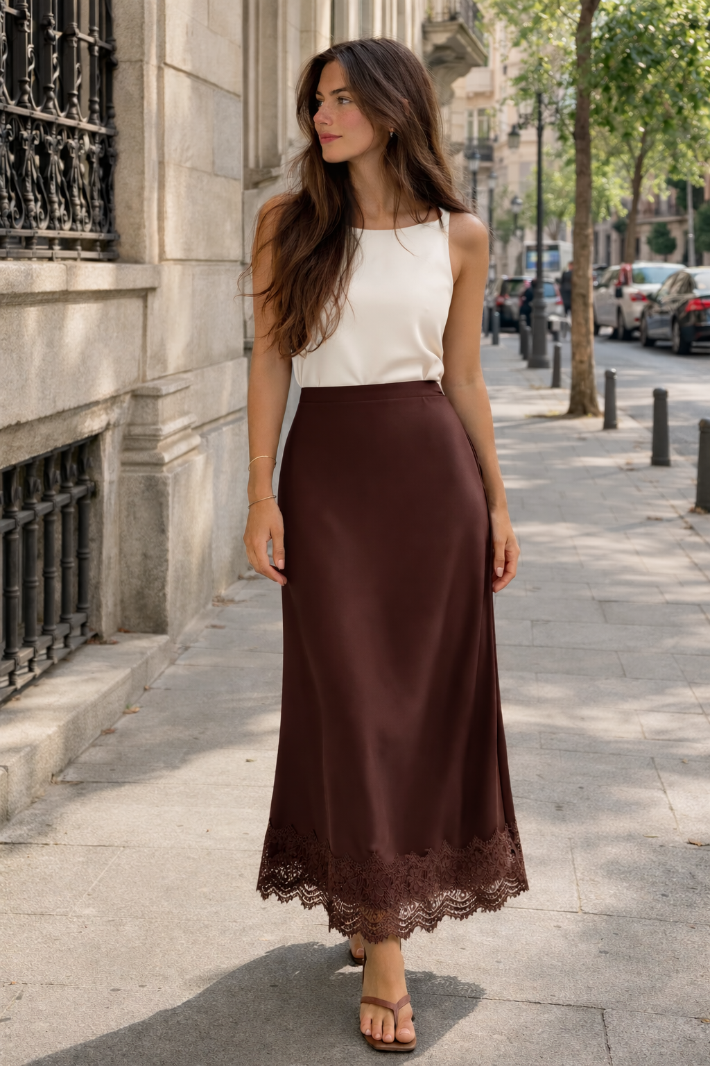 Falda maxi mujer acabado liso detalle encaje estilo elegante - Mireya