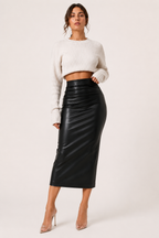 Falda midi mujer PU cintura alta con fruncido - Siglinde