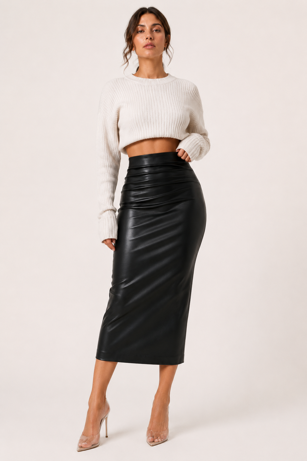 Falda midi mujer PU cintura alta con fruncido - Siglinde