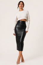 Falda midi mujer PU cintura alta con fruncido - Siglinde
