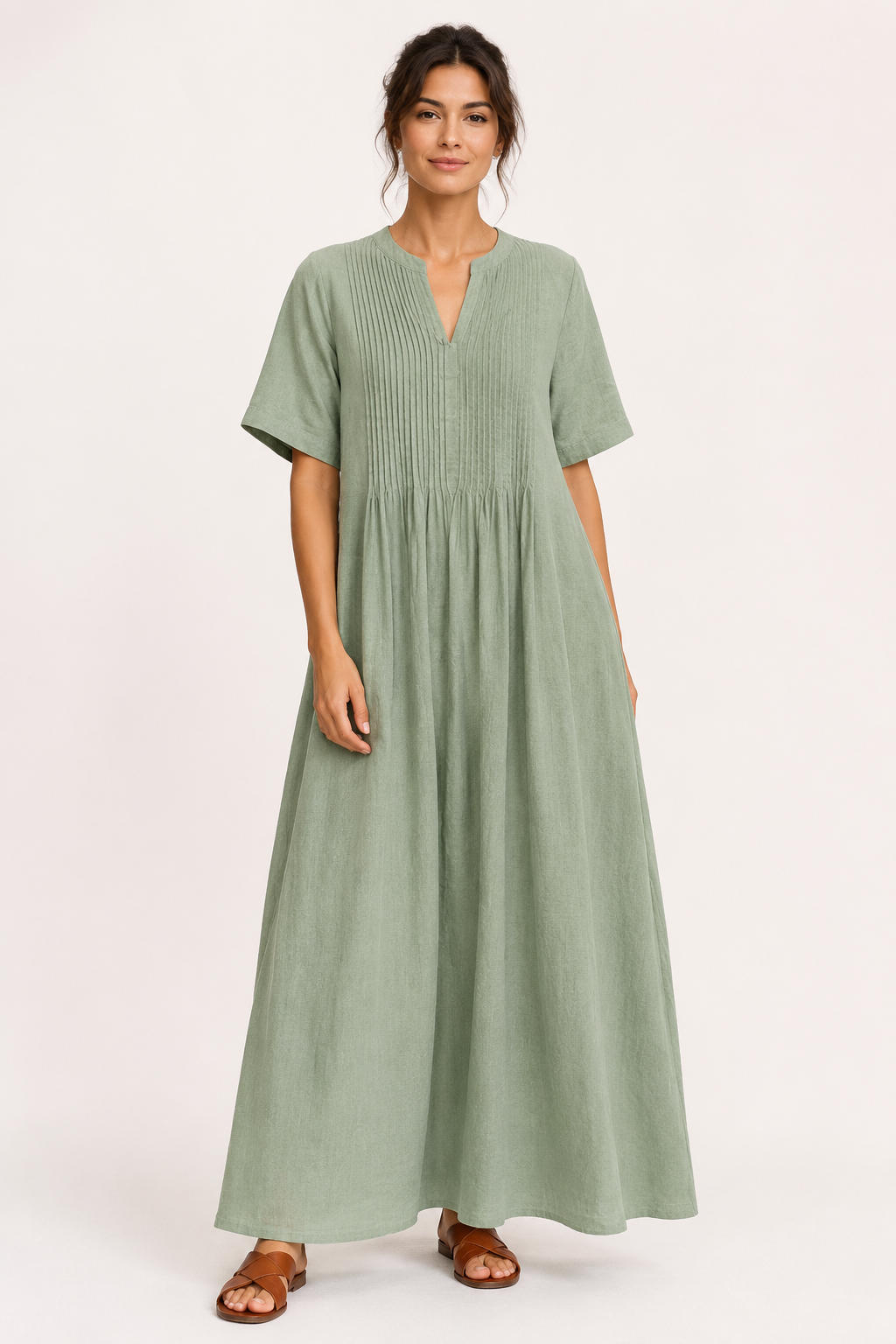 Vestido largo mujer escote V manga corta con pliegues y bolsillos - Eilika