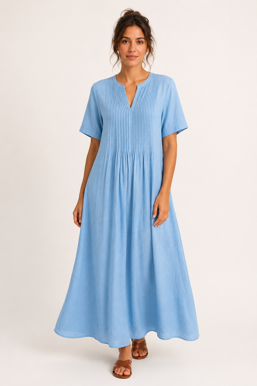 Vestido largo mujer escote V manga corta con pliegues y bolsillos - Eilika