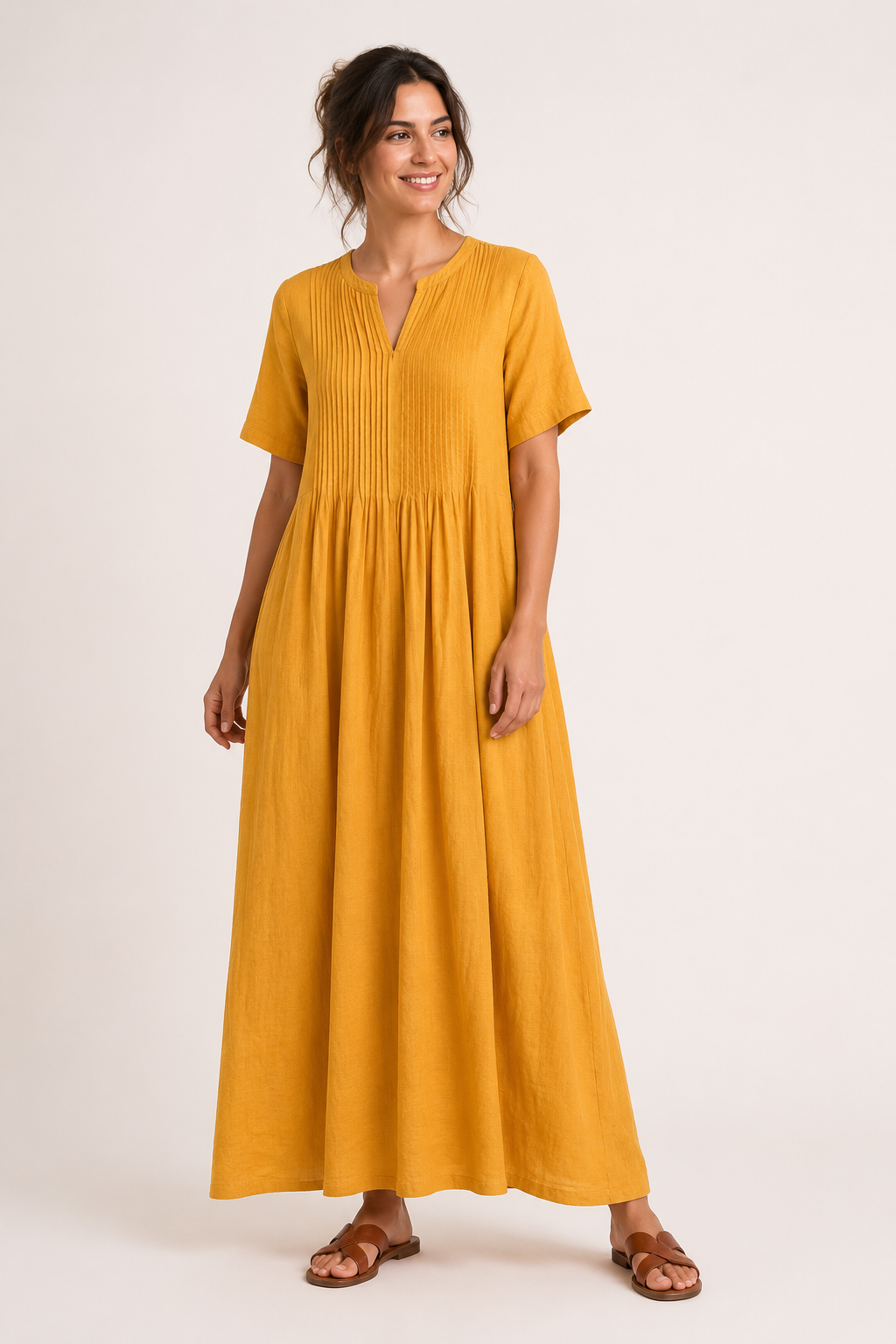 Vestido largo mujer escote V manga corta con pliegues y bolsillos - Eilika