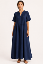 Vestido largo mujer escote V manga corta con pliegues y bolsillos - Eilika