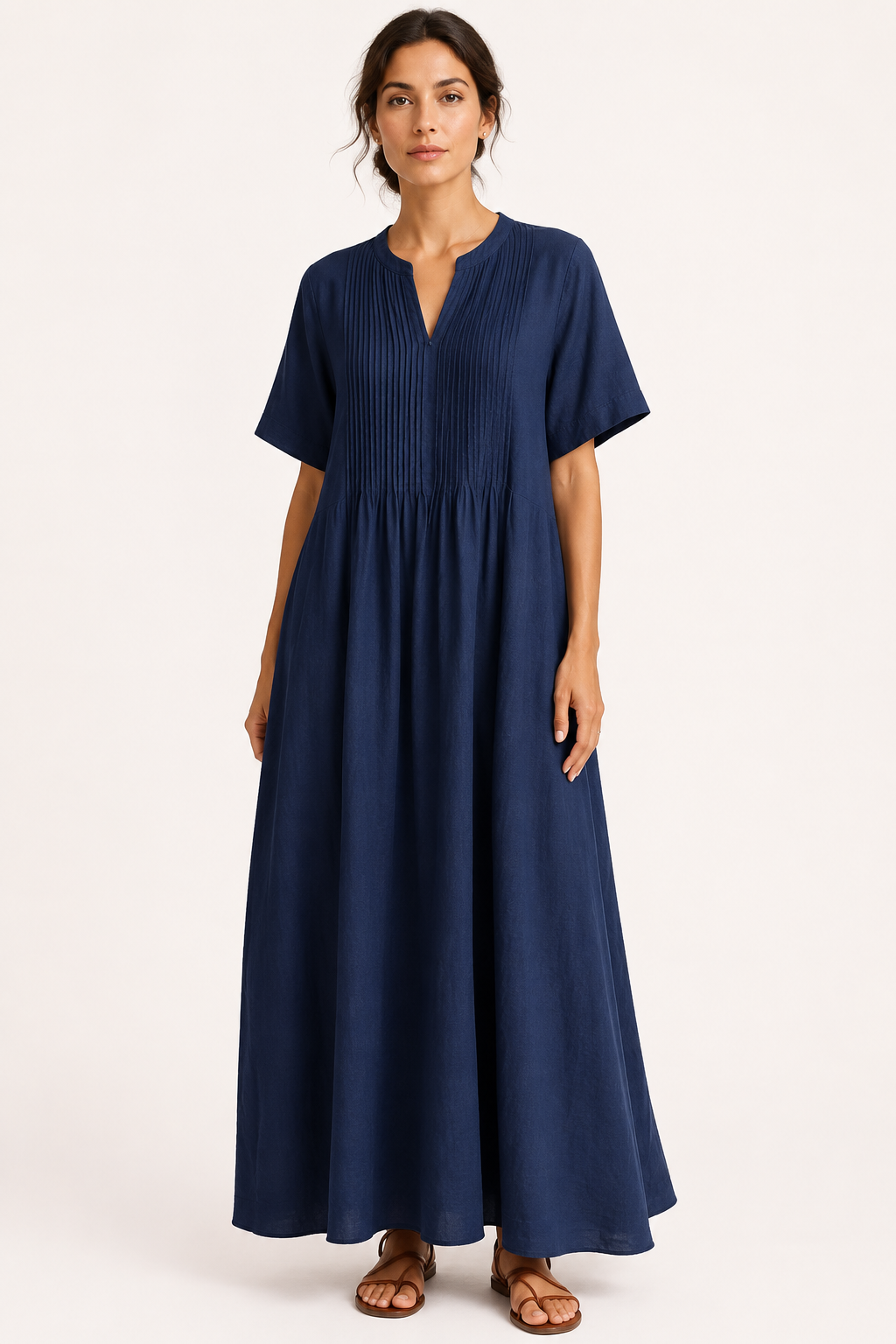 Vestido largo mujer escote V manga corta con pliegues y bolsillos - Eilika