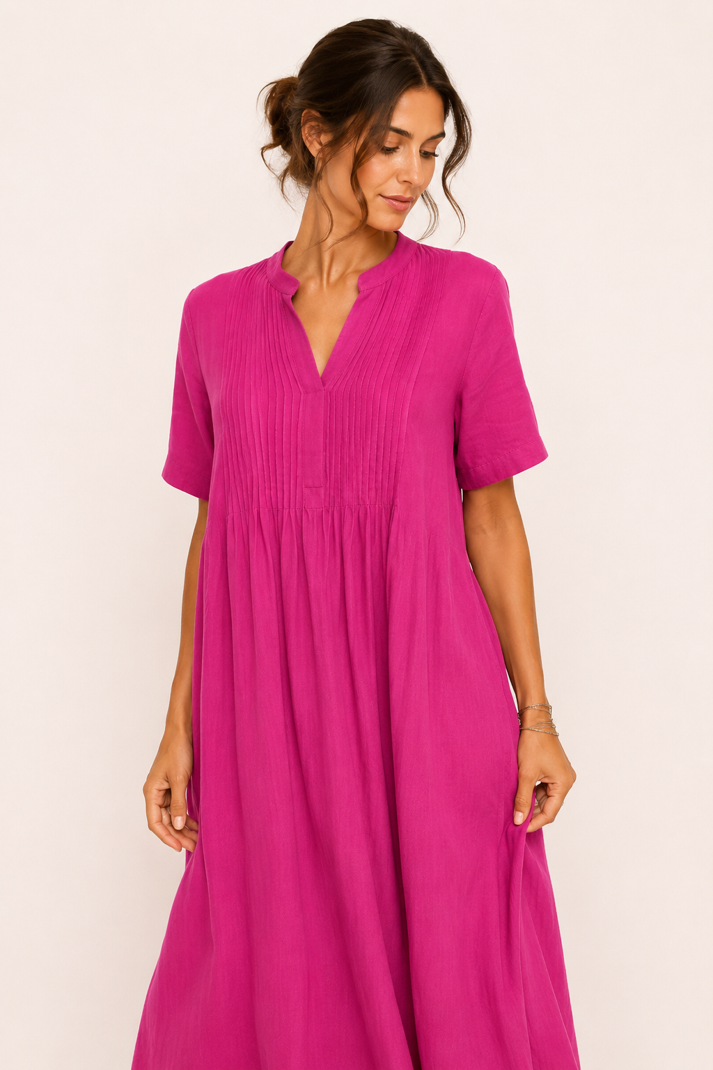 Vestido largo mujer escote V manga corta con pliegues y bolsillos - Eilika