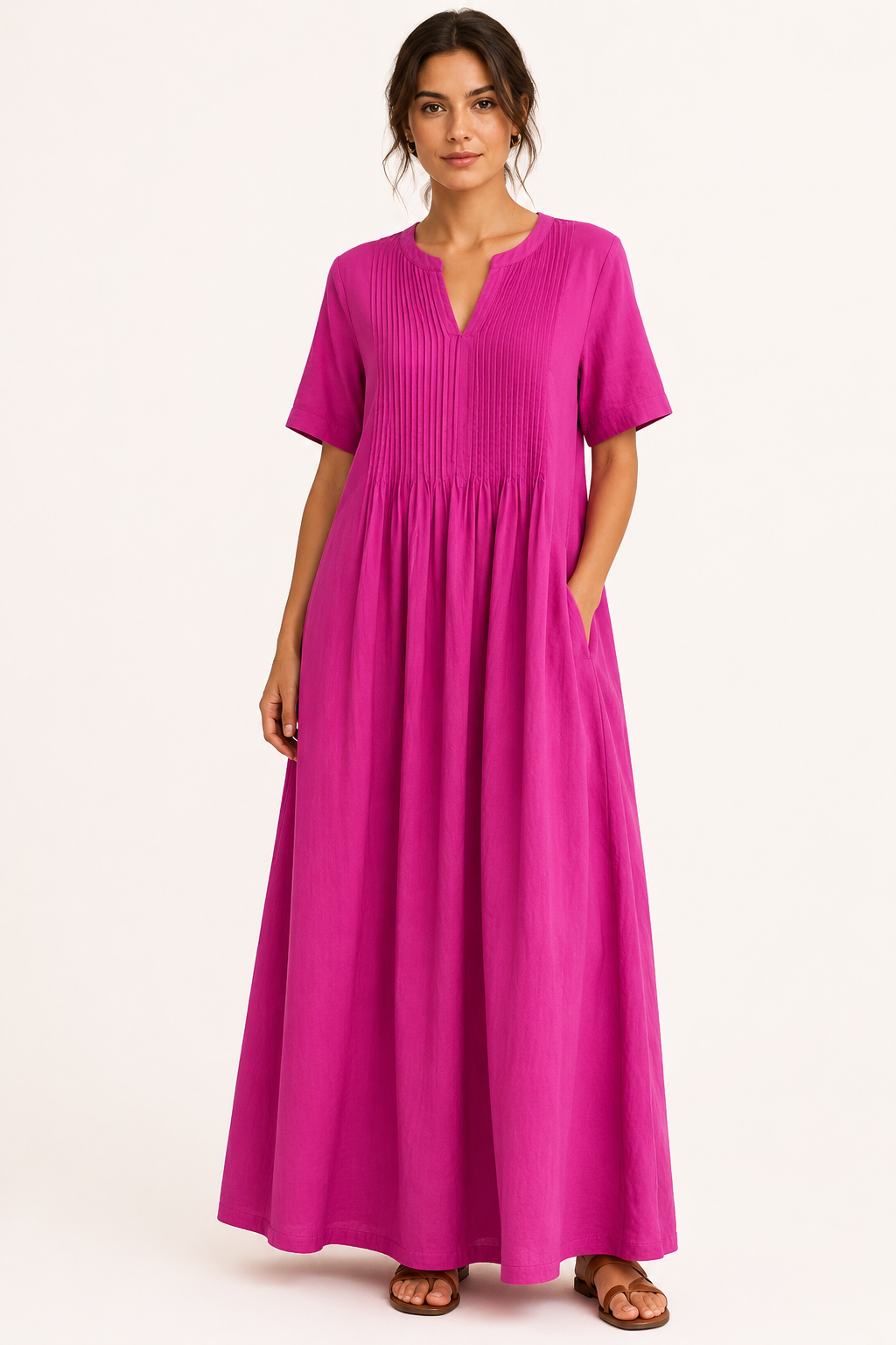 Vestido largo mujer escote V manga corta con pliegues y bolsillos - Eilika