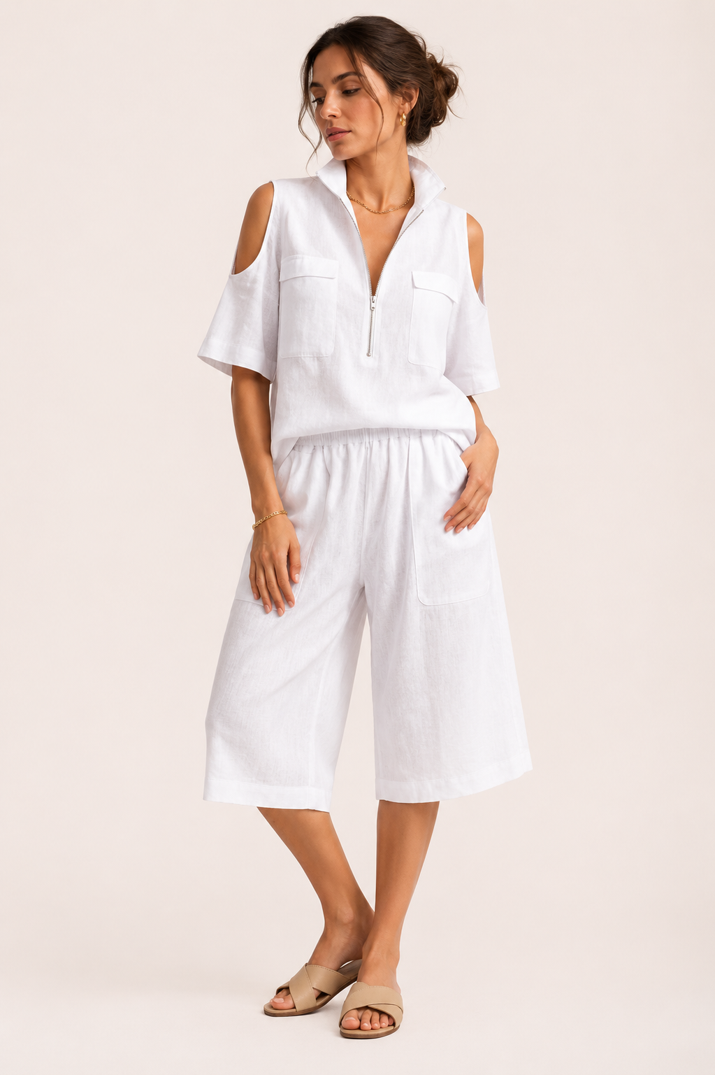 Conjunto mujer blusa con hombros abiertos y pantalón ancho - Irmela