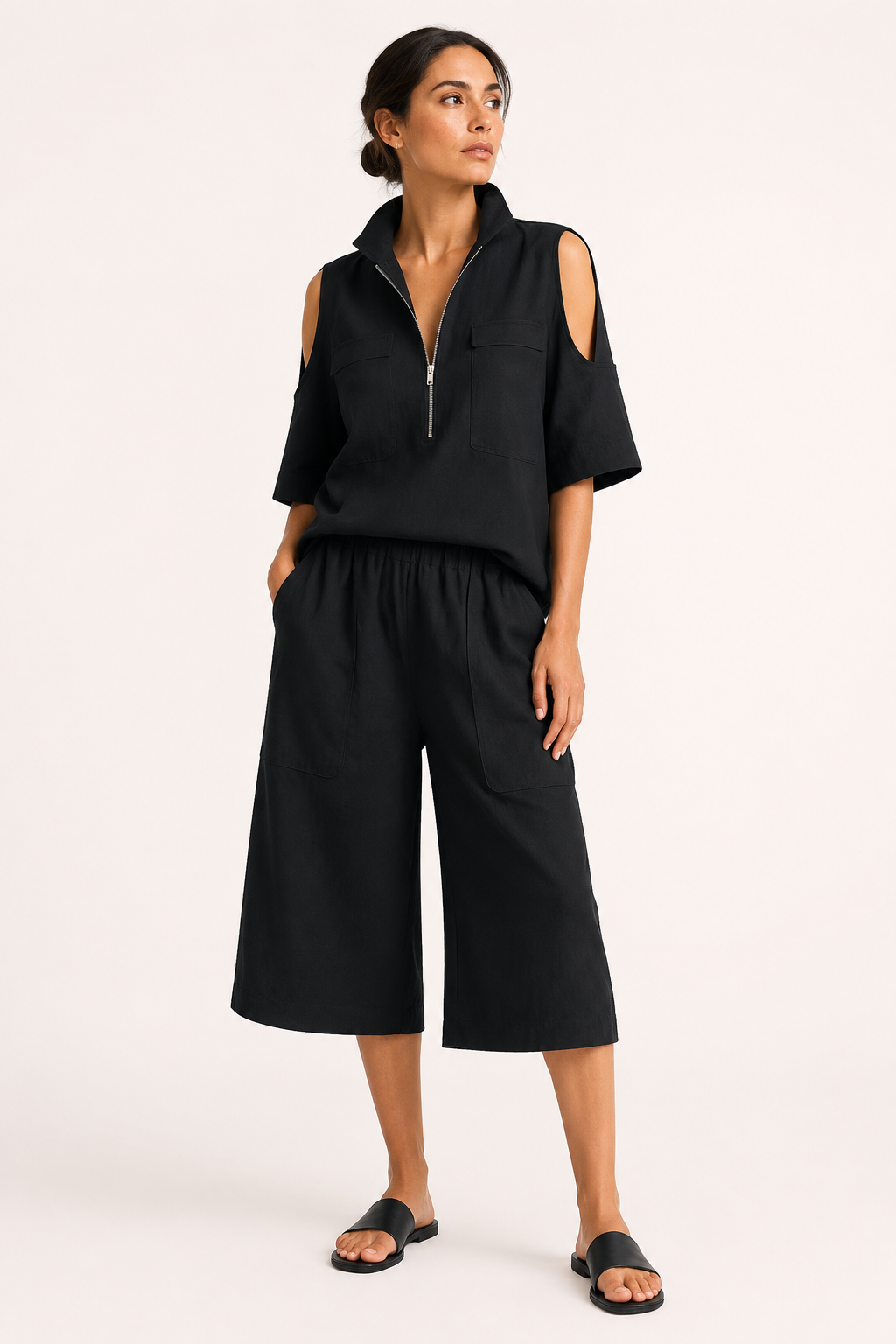 Conjunto mujer blusa con hombros abiertos y pantalón ancho - Irmela