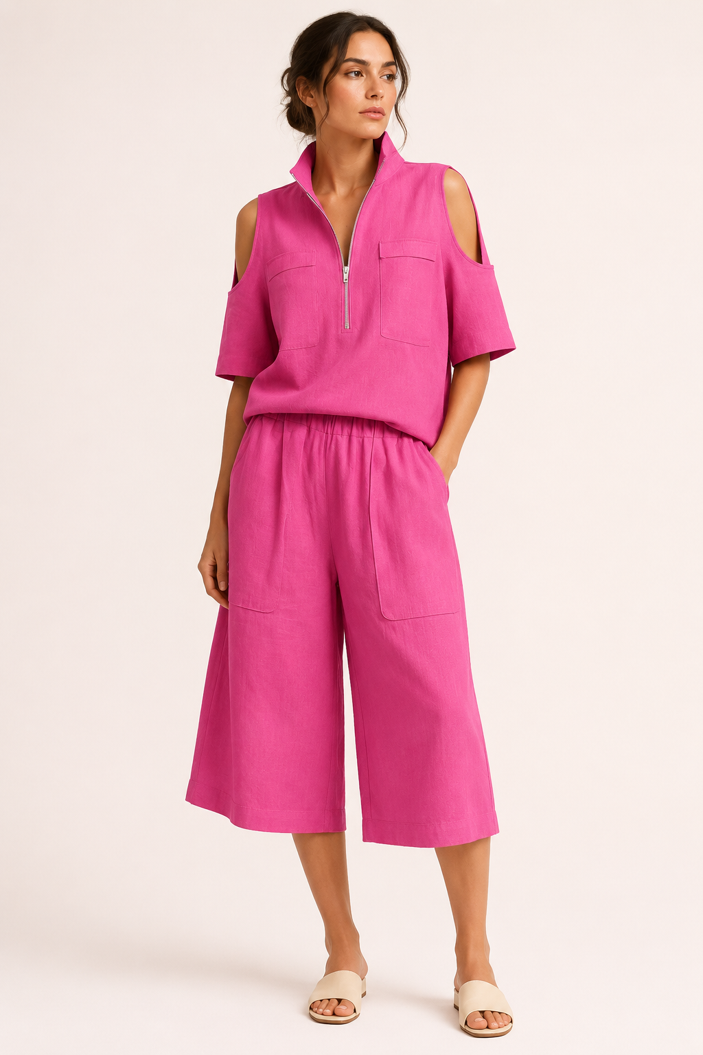 Conjunto mujer blusa con hombros abiertos y pantalón ancho - Irmela