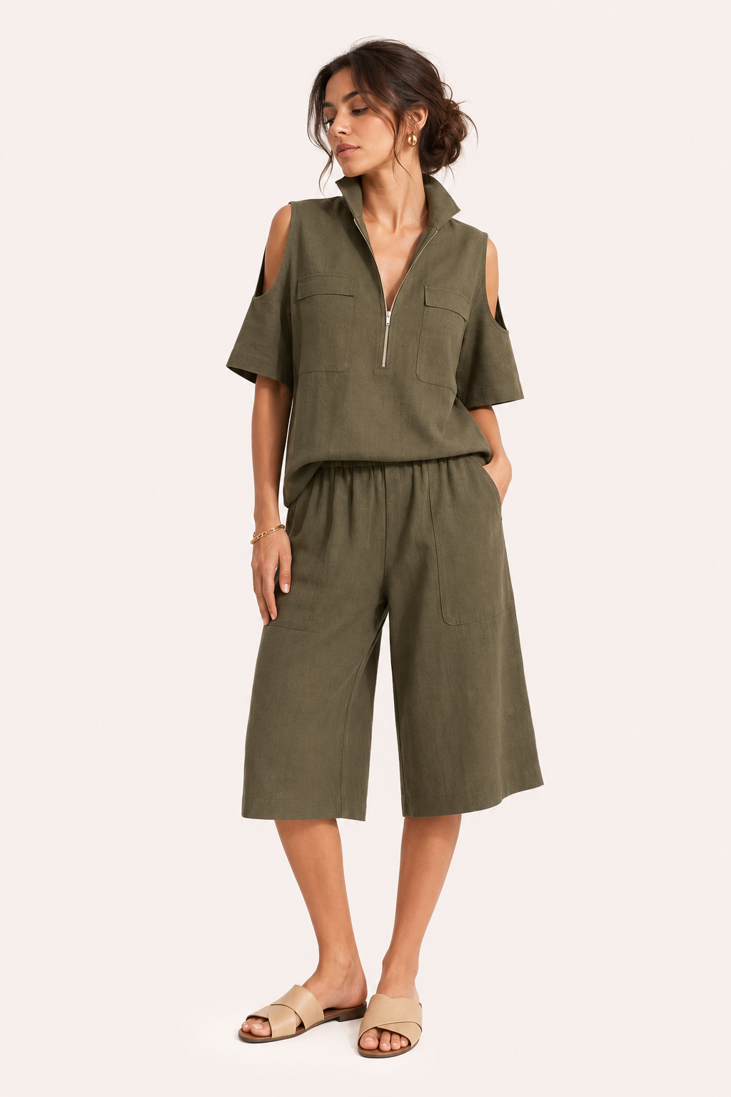 Conjunto mujer blusa con hombros abiertos y pantalón ancho - Irmela