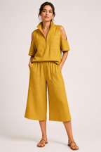 Conjunto mujer blusa con hombros abiertos y pantalón ancho - Irmela