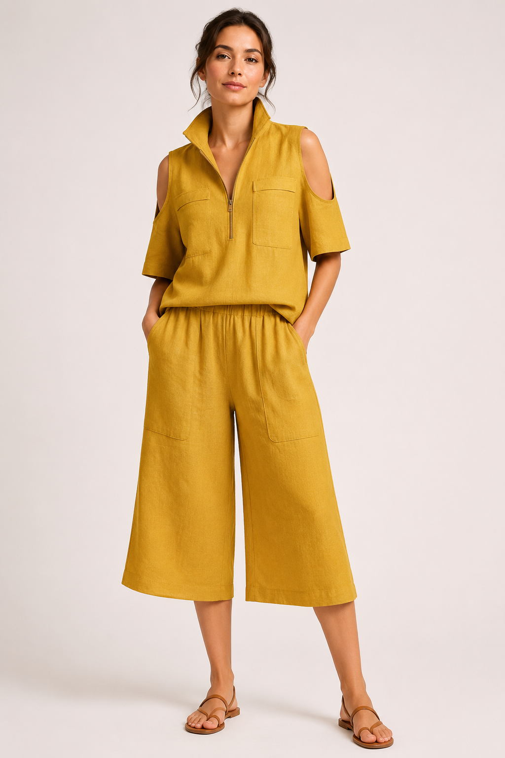 Conjunto mujer blusa con hombros abiertos y pantalón ancho - Irmela