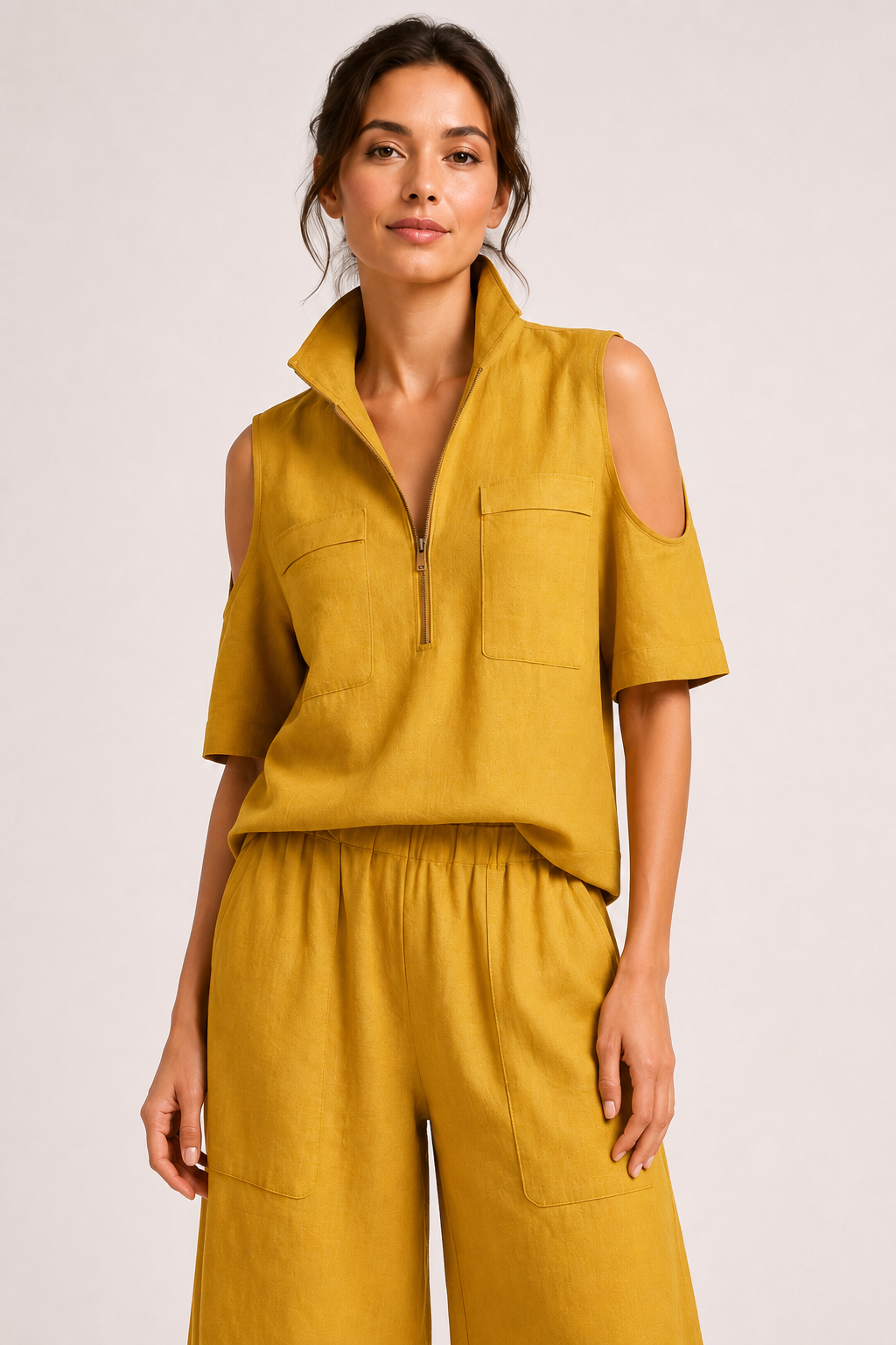 Conjunto mujer blusa con hombros abiertos y pantalón ancho - Irmela