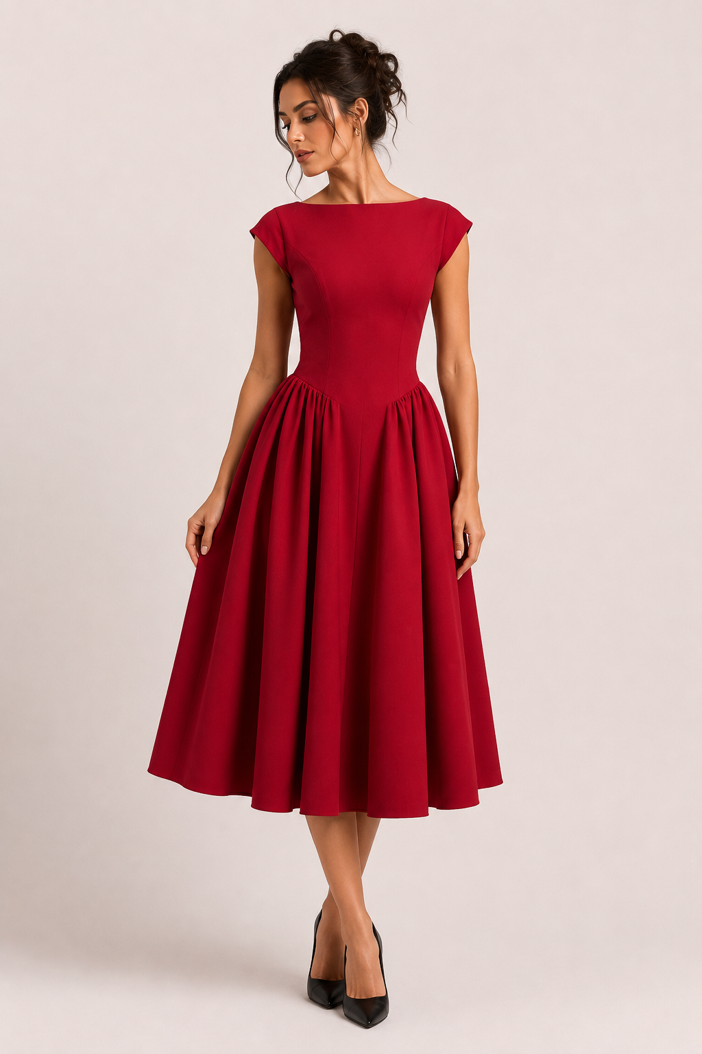 Vestido elegante midi de cóctel con falda amplia - Alisa