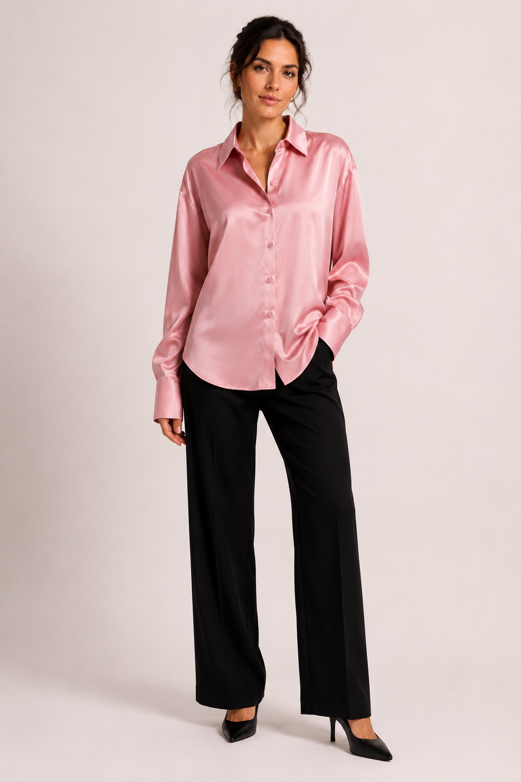 Blusa mujer satinada manga larga con botonadura frontal - Hannelore