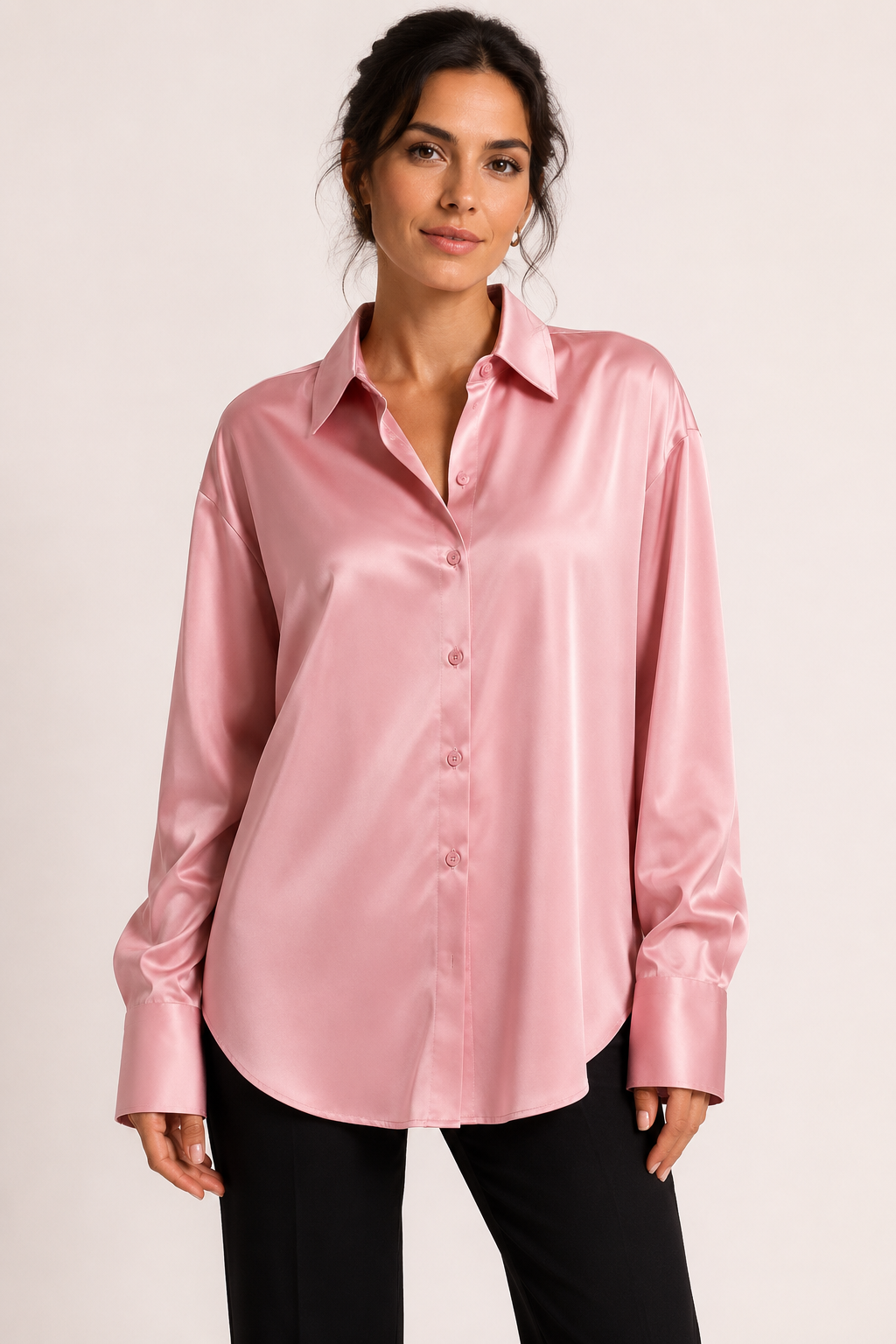 Blusa mujer satinada manga larga con botonadura frontal - Hannelore