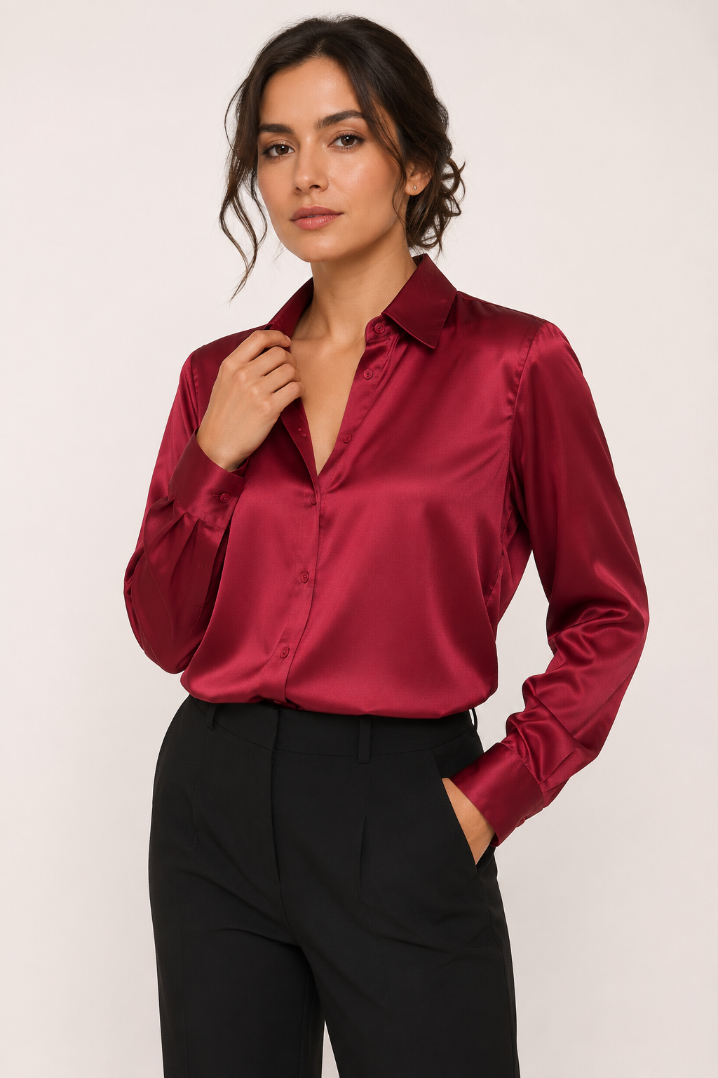 Blusa mujer satinada manga larga con botonadura frontal - Hannelore