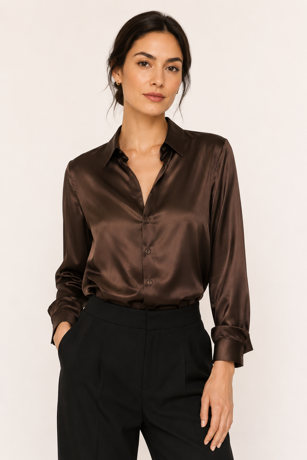 Blusa mujer satinada manga larga con botonadura frontal - Hannelore