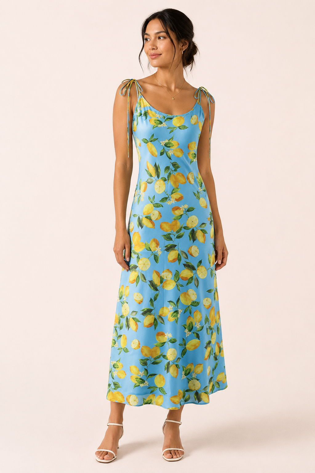 Vestido largo para mujer con estampado limones estilo vintage con lazo - Élodie