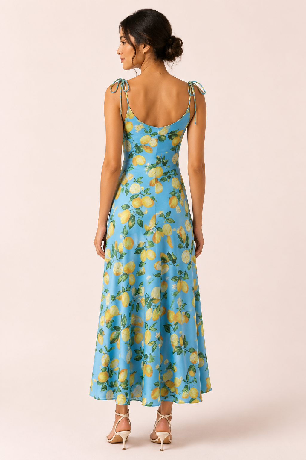 Vestido largo para mujer con estampado limones estilo vintage con lazo - Élodie