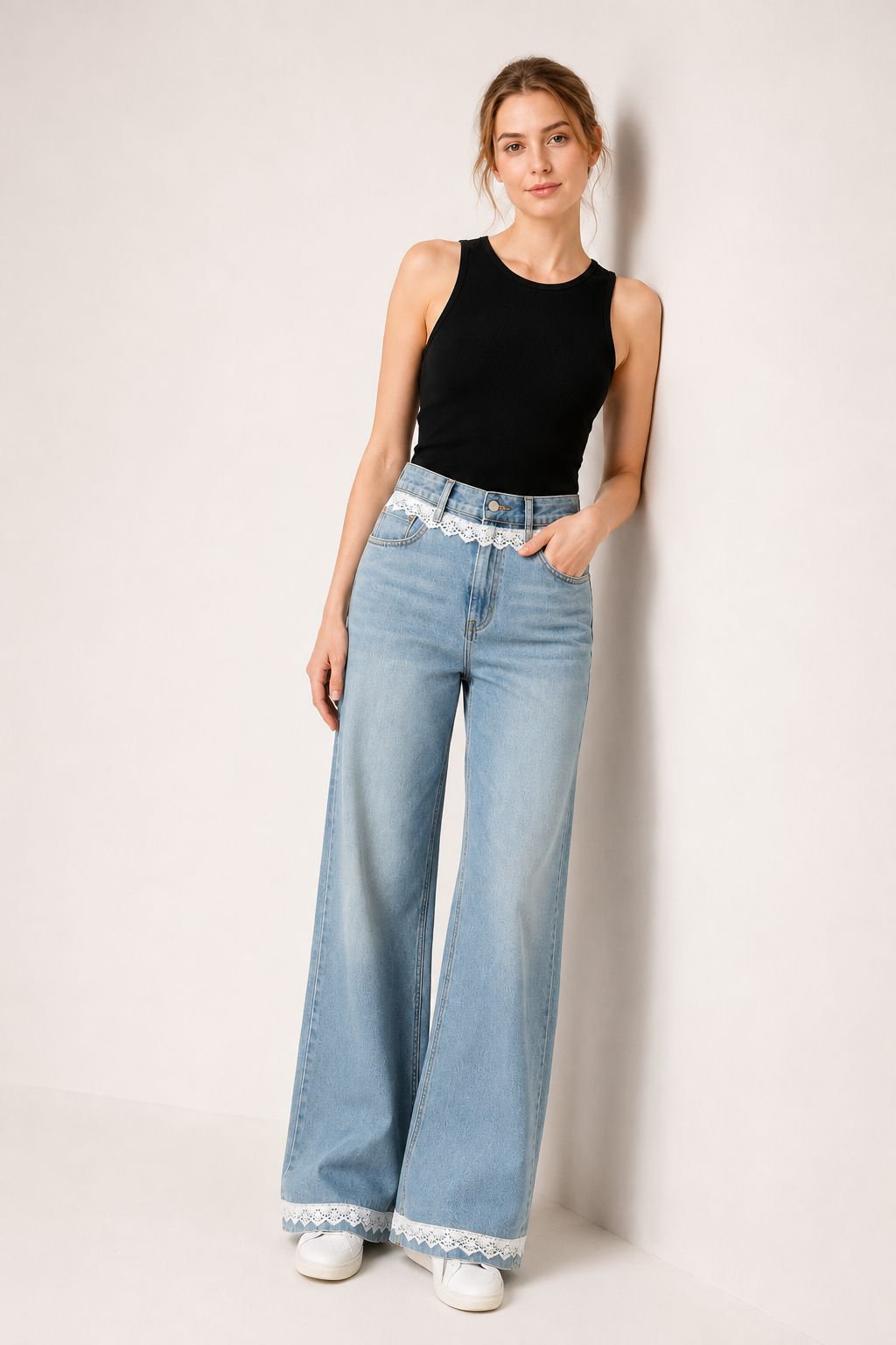 Wide leg jeans de mujer de tiro alto con detalle de encaje - Irma