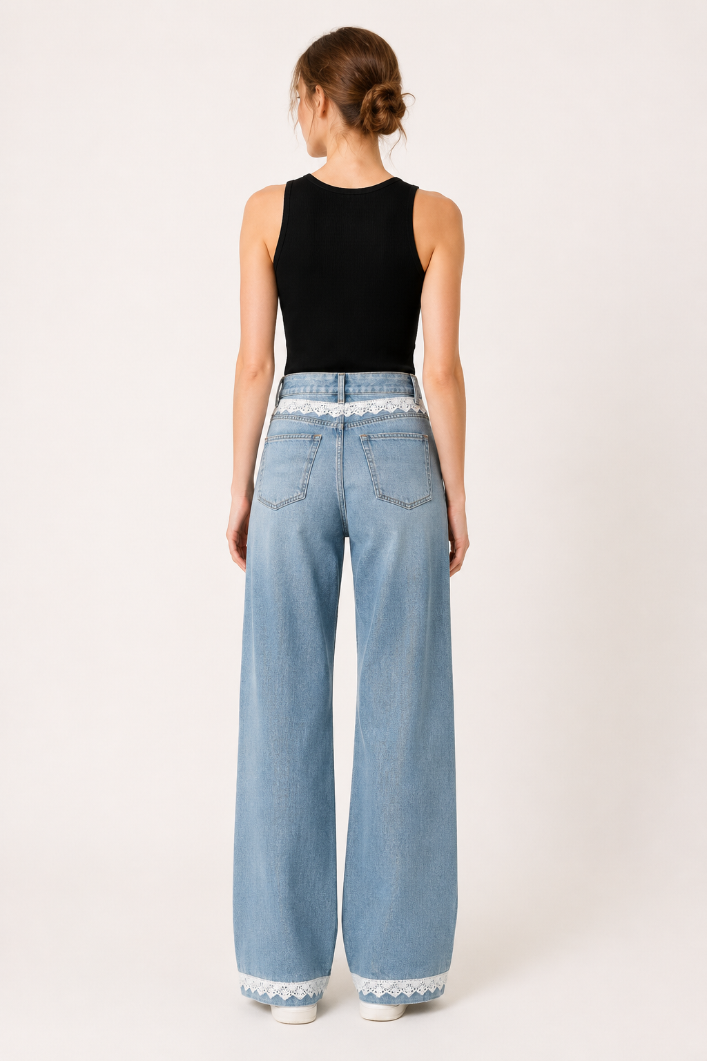 Wide leg jeans de mujer de tiro alto con detalle de encaje - Irma