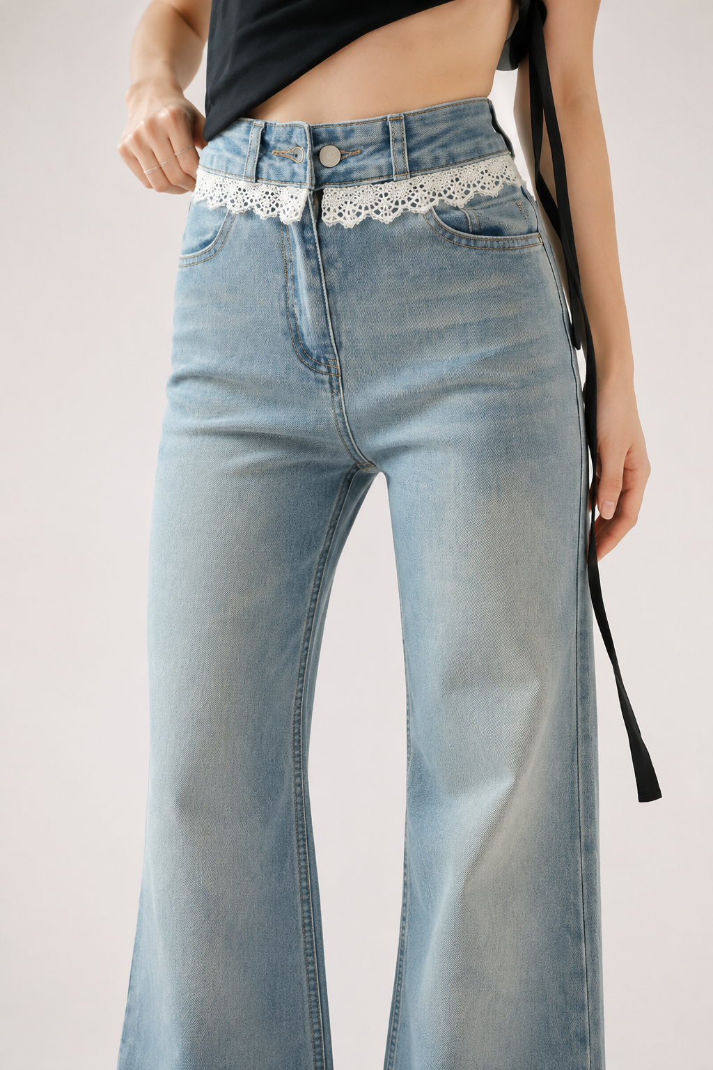 Wide leg jeans de mujer de tiro alto con detalle de encaje - Irma