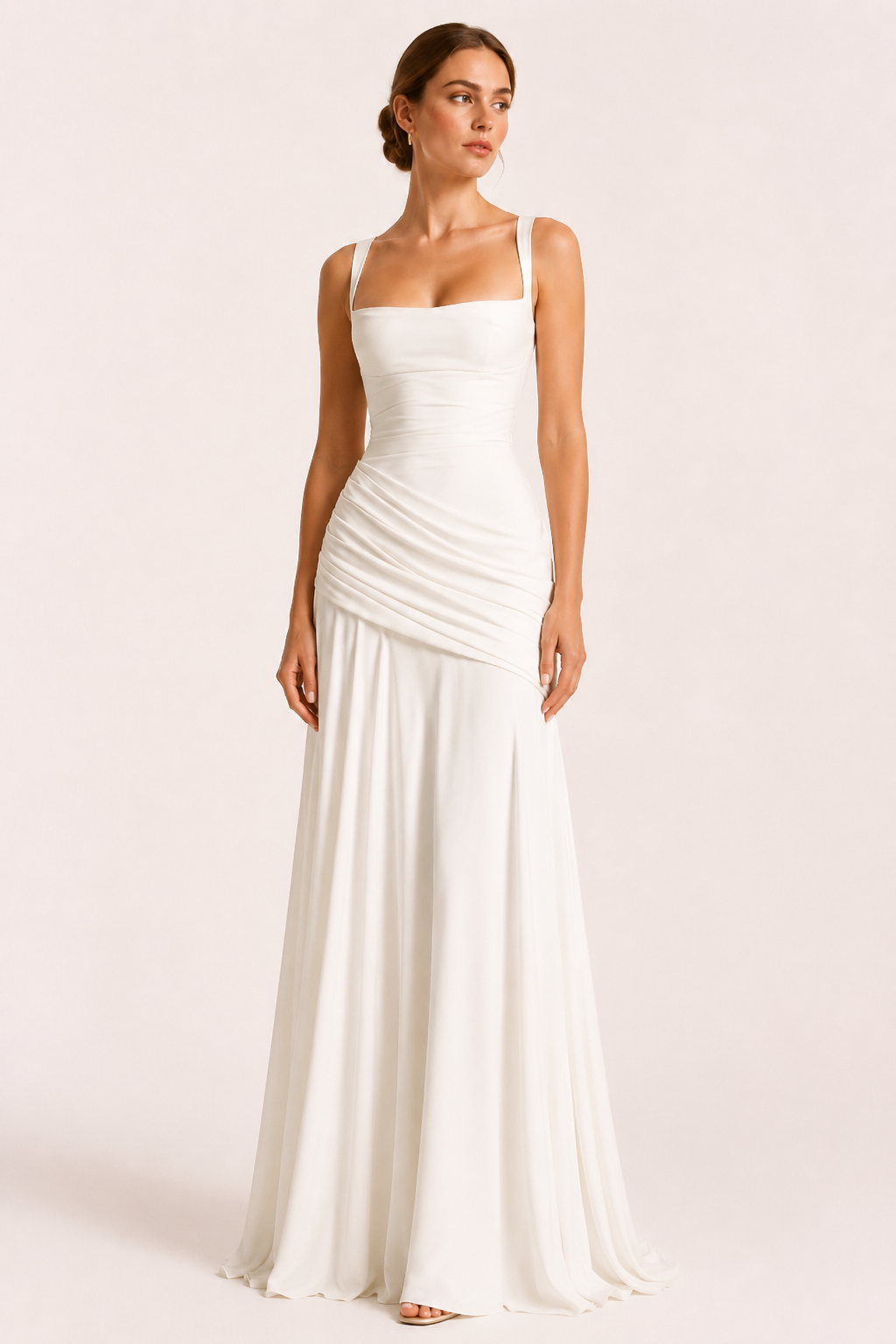 Vestido invitada de boda largo con escote cuadrado y falda drapeada - Adelheid