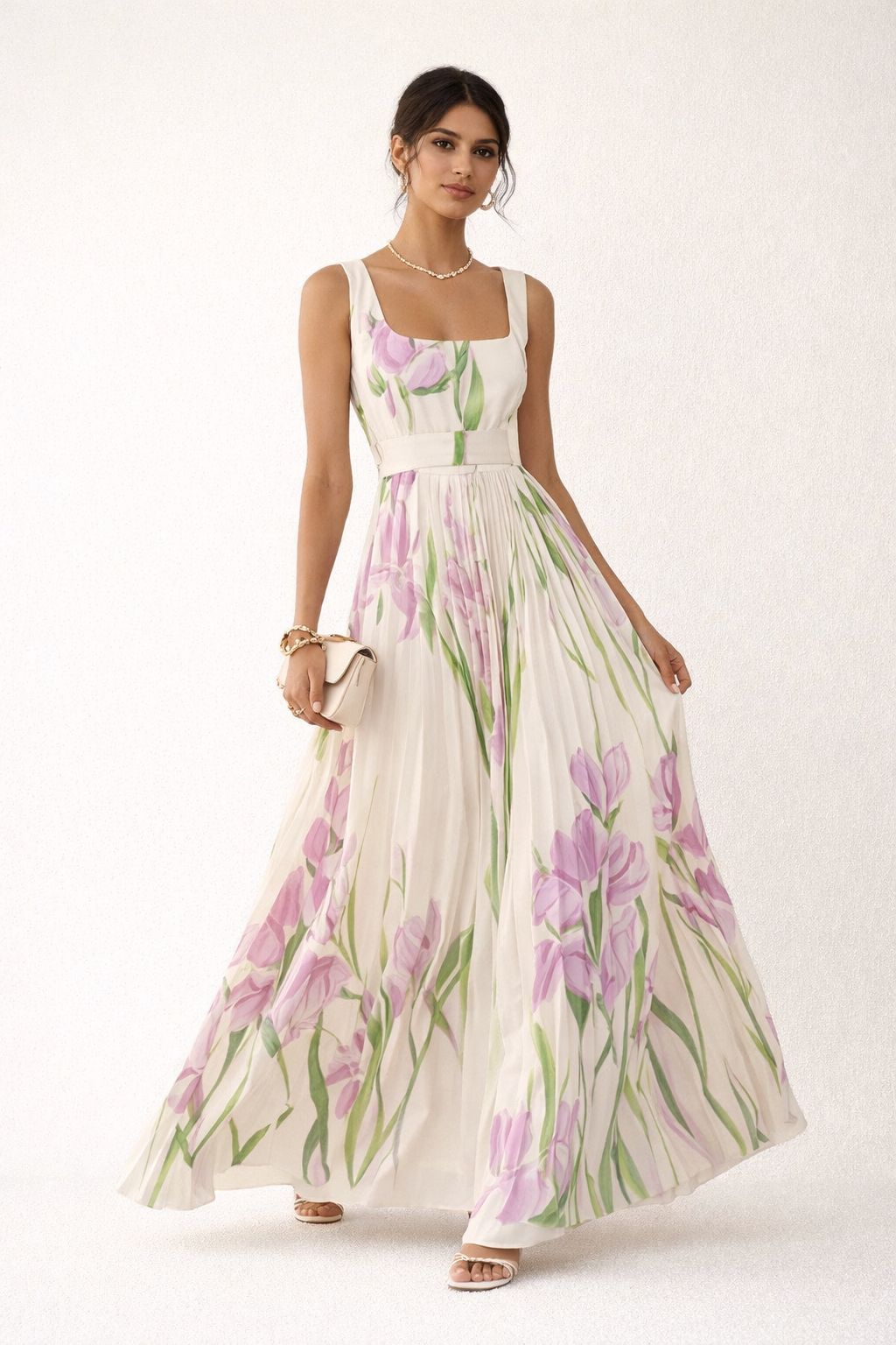Vestido largo mujer plisado floral elegante verano - Leonore