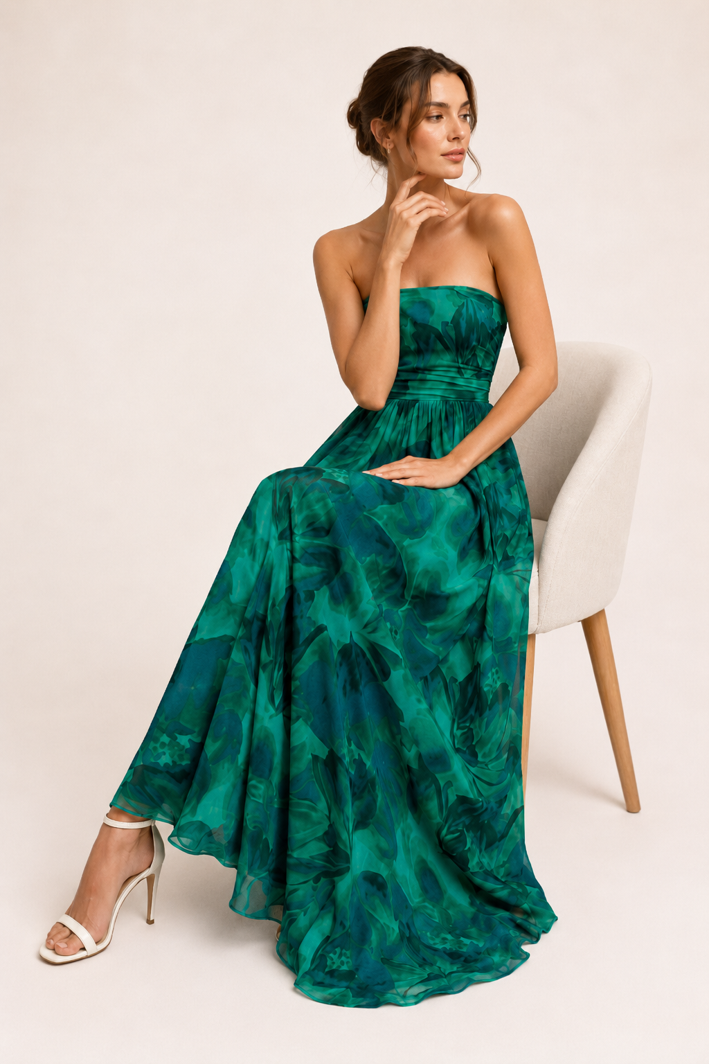 Vestido vintage mujer sin tirantes con estampado floral y falda amplia - Elfriede