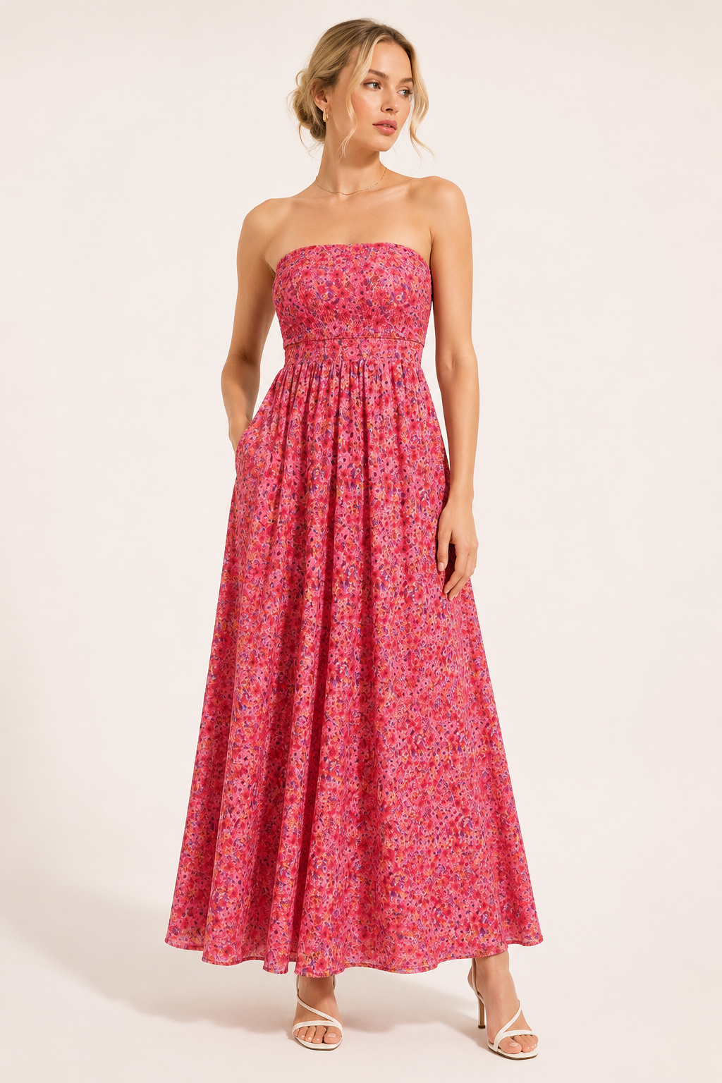 Vestido vintage mujer sin tirantes con estampado floral y falda amplia - Elfriede