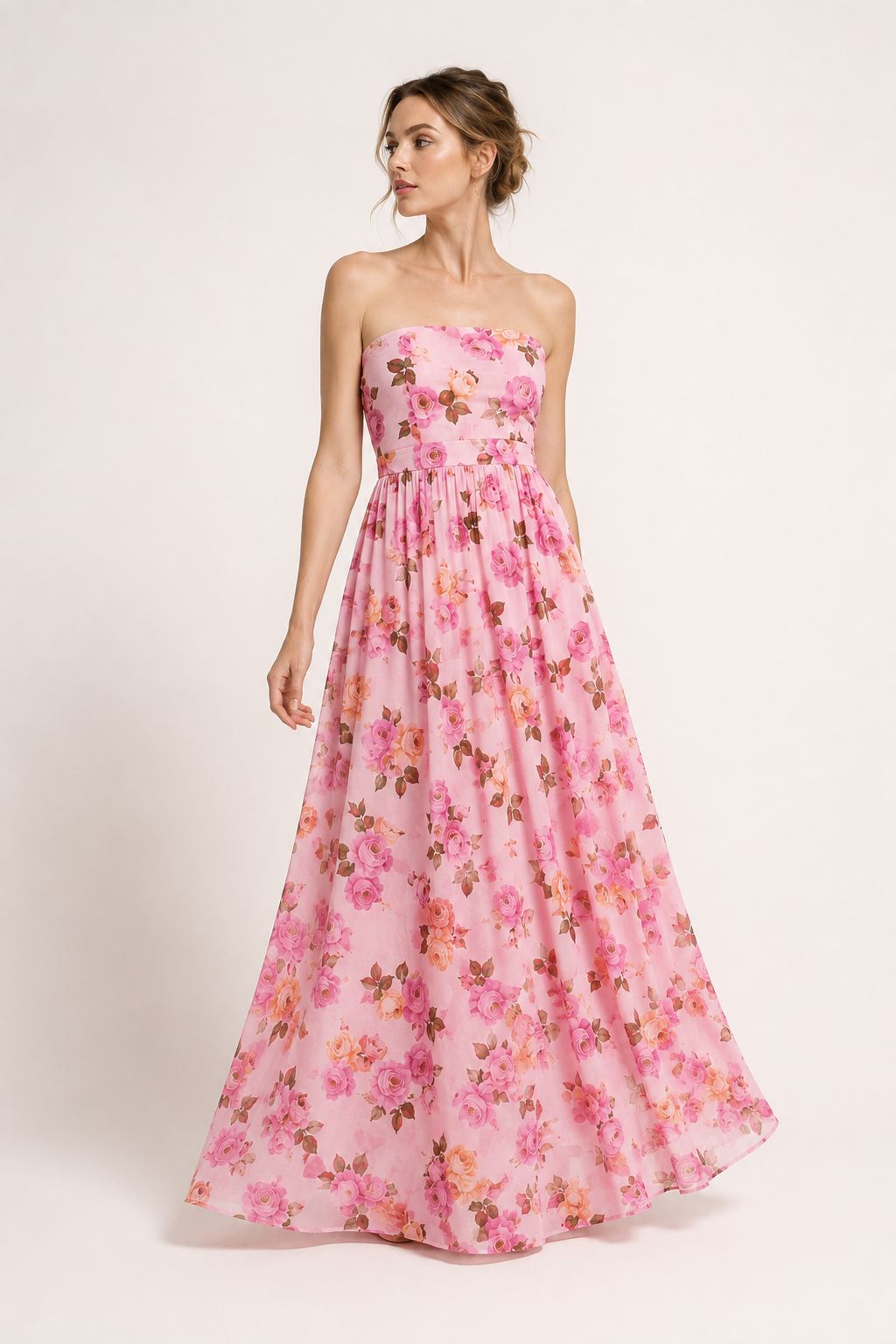 Vestido vintage mujer sin tirantes con estampado floral y falda amplia - Elfriede