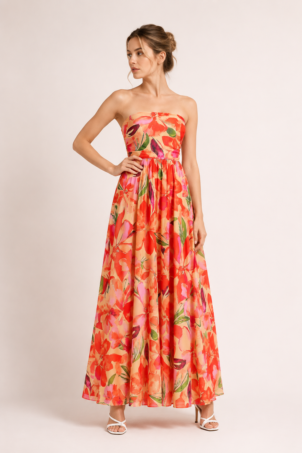 Vestido vintage mujer sin tirantes con estampado floral y falda amplia - Elfriede