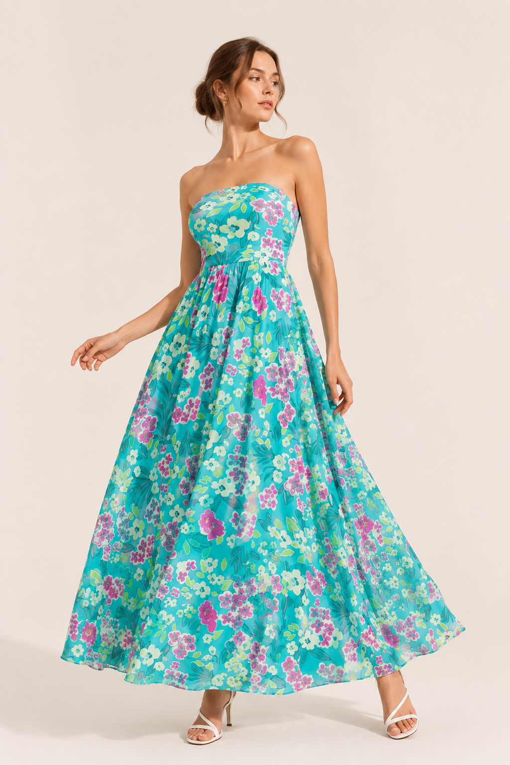 Vestido vintage mujer sin tirantes con estampado floral y falda amplia - Elfriede