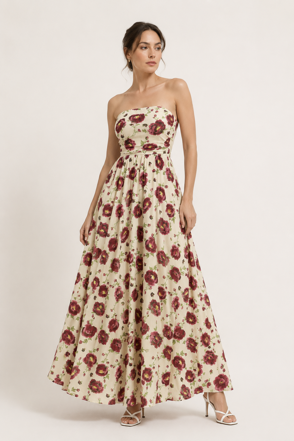 Vestido vintage mujer sin tirantes con estampado floral y falda amplia - Elfriede