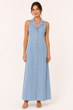 Vestido largo mujer denim botones sin mangas casual - Elara